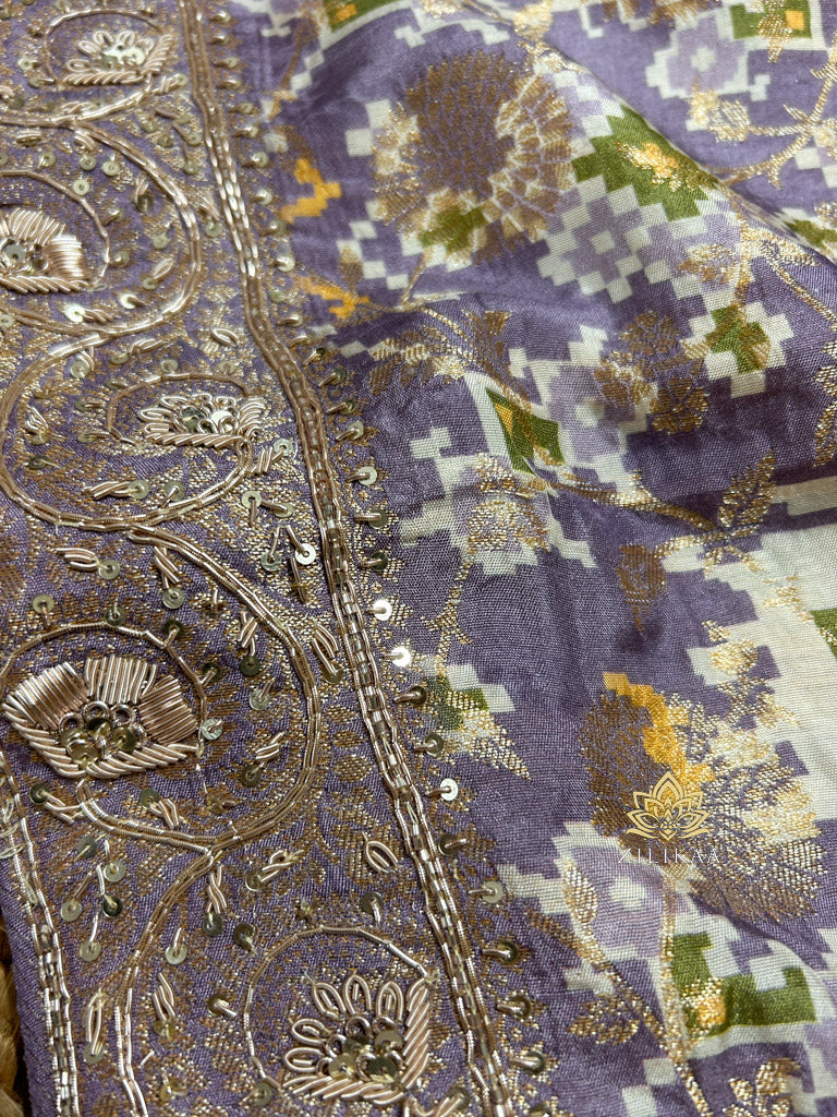 Lavender Zardozi Handwork Patola Designer Munga silk saree