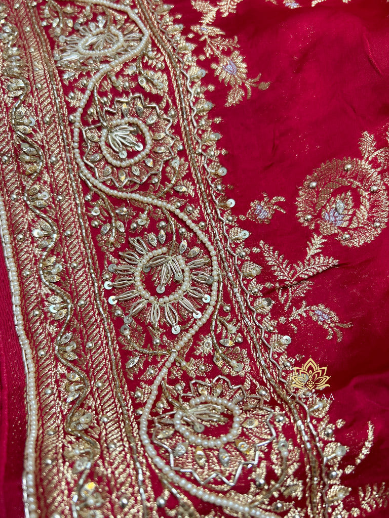 Calcutta Red Zardozi Handwork Mulberry Banarasi Silk Saree