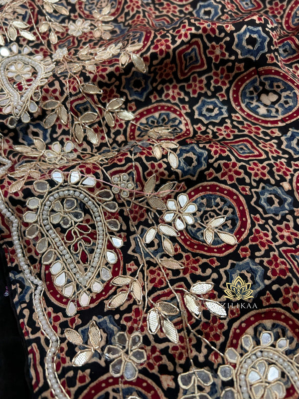 Hand Block Ajarakh Modal Silk Saree with Hand Embroidery