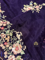 Eggplant Purple Hand Embroidery Organza Silk Saree