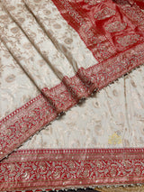 Ivory Red Banarasi Katan Silk Saree with Zardozi Hand Embroidery