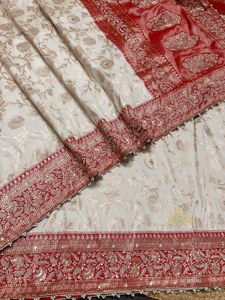 Ivory Red Banarasi Katan Silk Saree with Zardozi Hand Embroidery