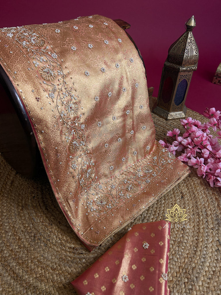 Salmon Pink Kanchipuram Tissue Silk Saree with Zardozi Hand Embroidery