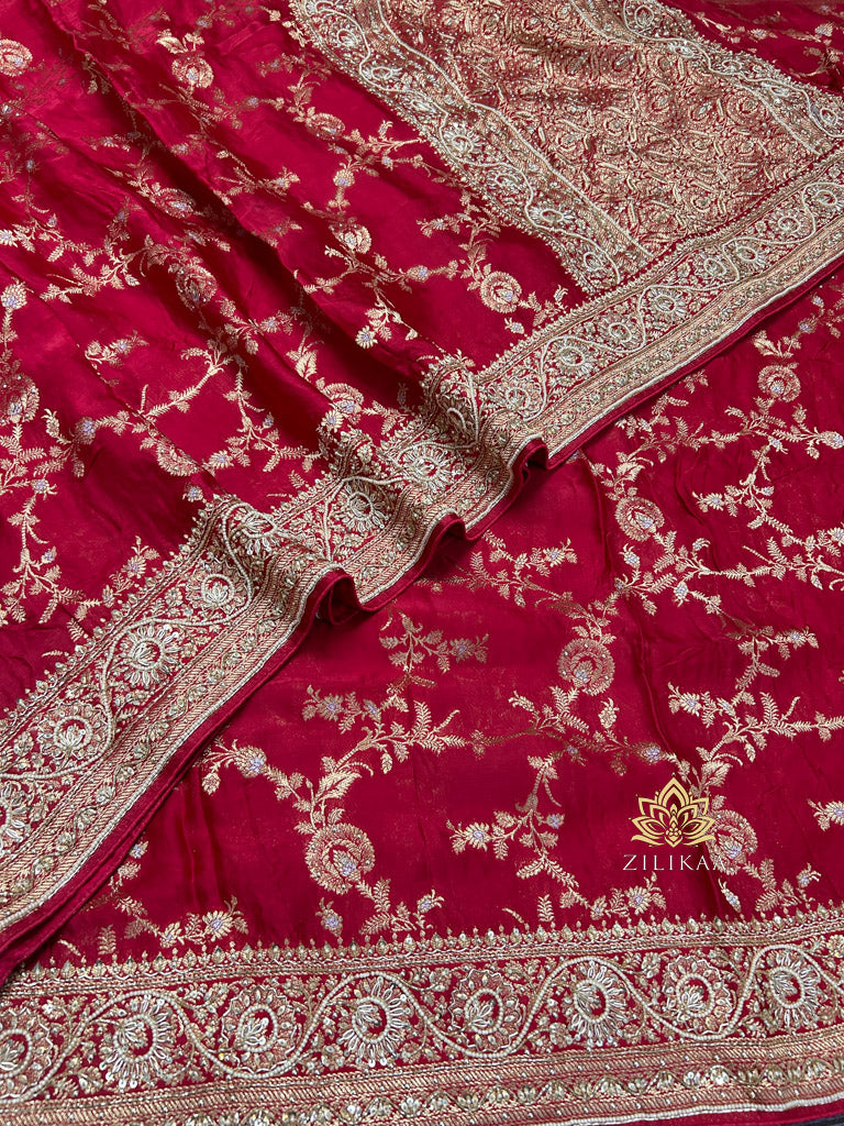 Calcutta Red Zardozi Handwork Mulberry Banarasi Silk Saree