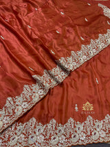 Rust Orange Mulberry Silk Saree With Zardozi Scalloped Border