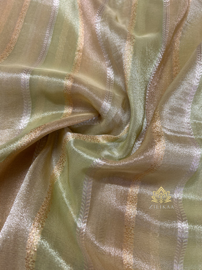 Parrot Green Designer Hand Embroidery Rangkat Kanchi Tissue Silk Saree