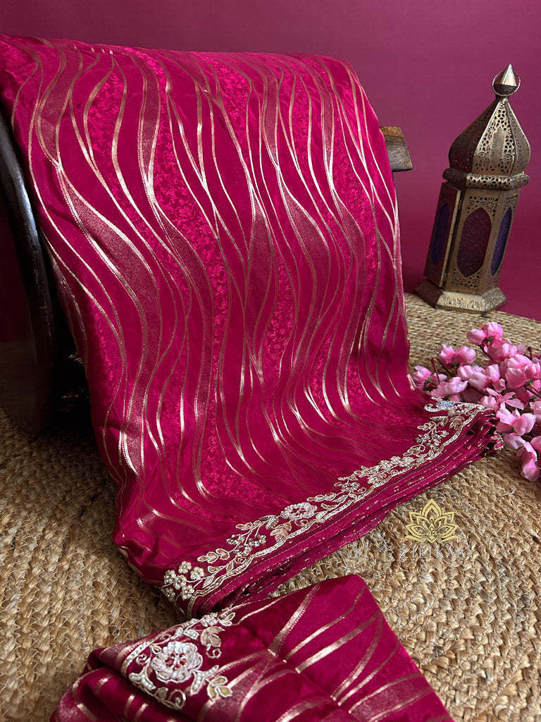 Queen Pink Munga Silk Saree with Zardozi Hand Embroidery