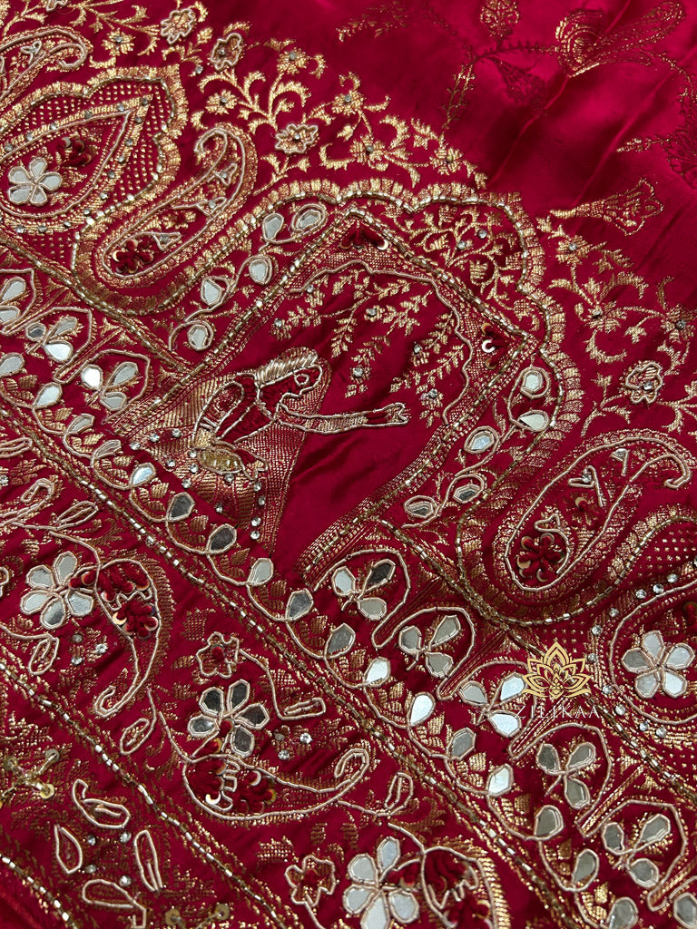 Calcutta Red Zardozi Handwork Mulberry Banarasi Silk Saree