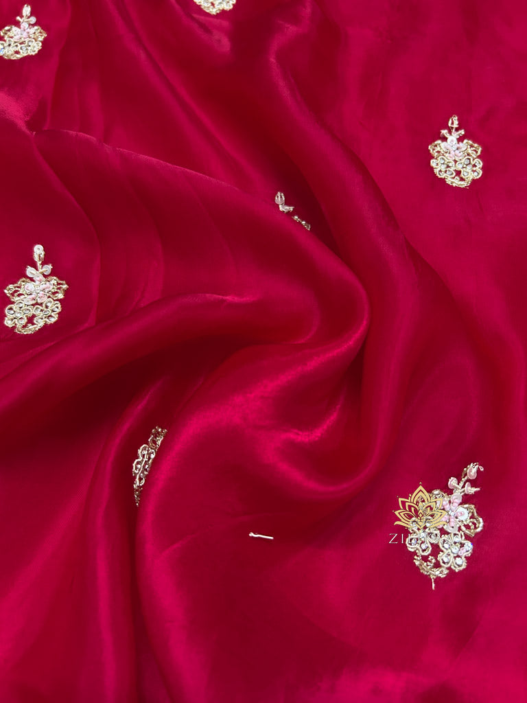 Rose Red Mulberry Silk Saree With Zardozi Scalloped Border