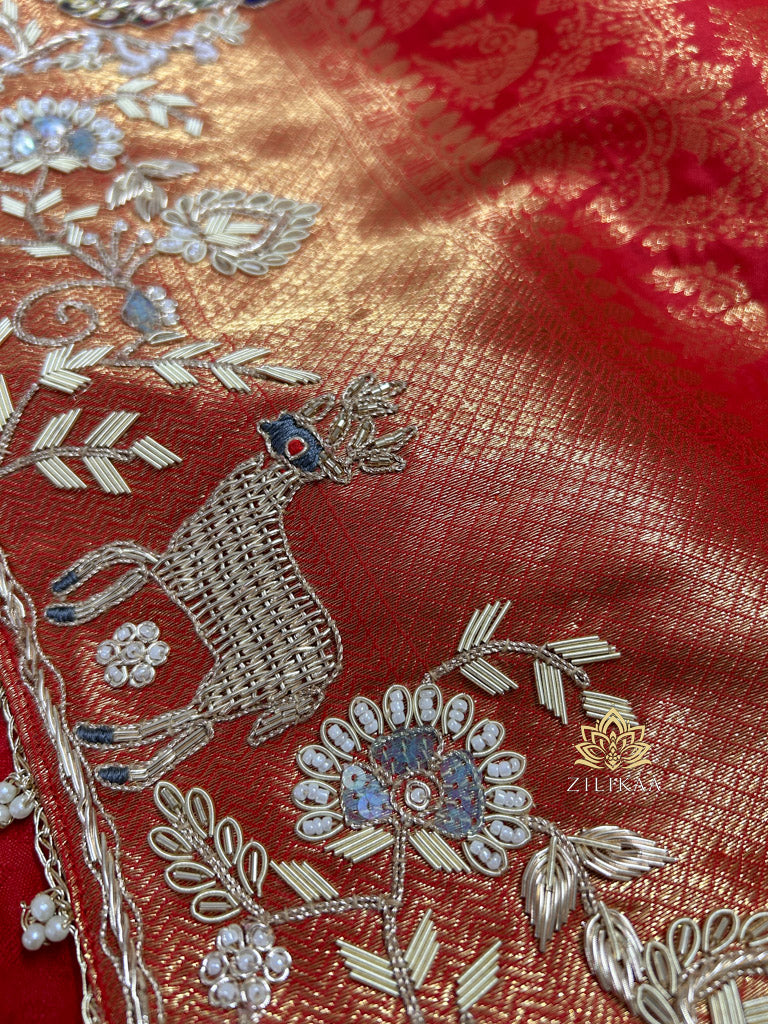 Bride Special Zardozi Hand Embroidery Kanchipuram Silk Saree