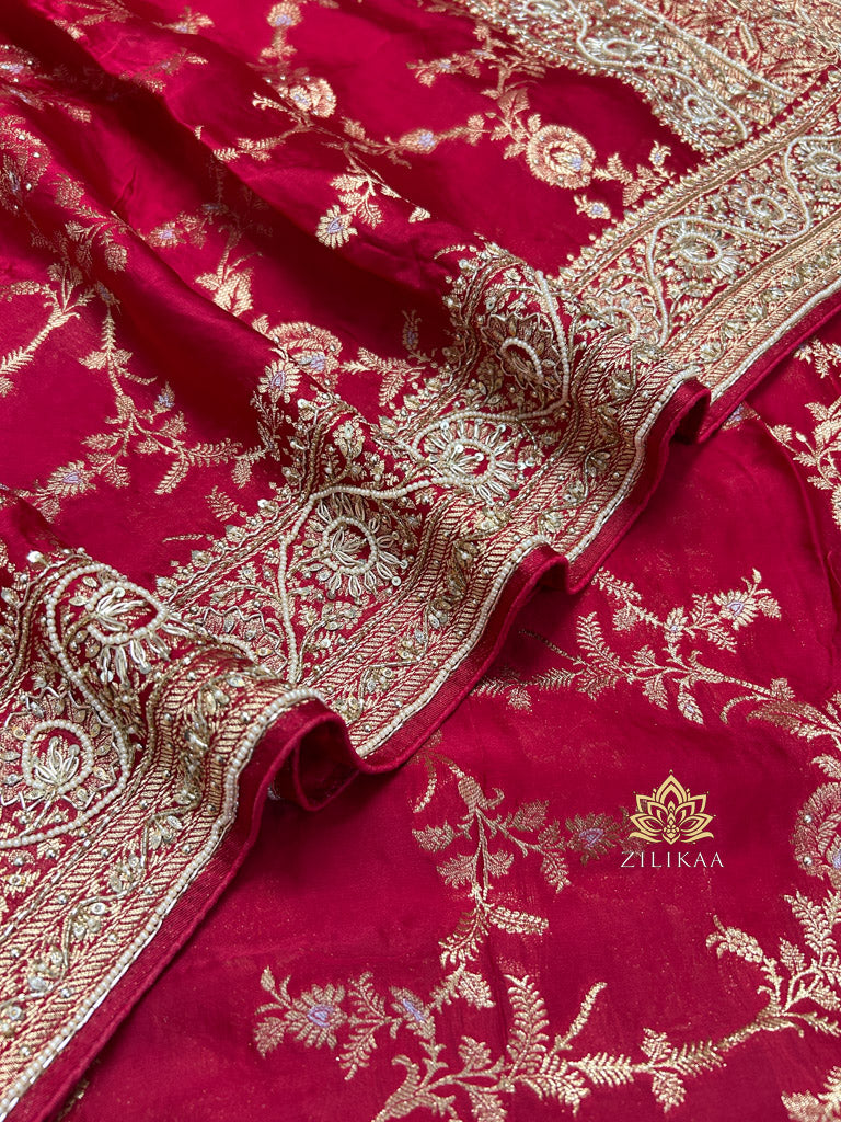 Calcutta Red Zardozi Handwork Mulberry Banarasi Silk Saree