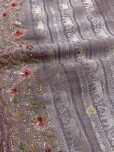 Lilac Purple Designer Hand Embroidery Kanchi Tissue Silk Saree