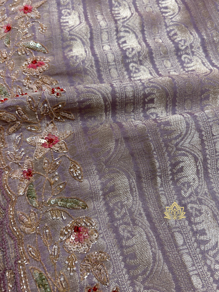 Lilac Purple Designer Hand Embroidery Kanchi Tissue Silk Saree