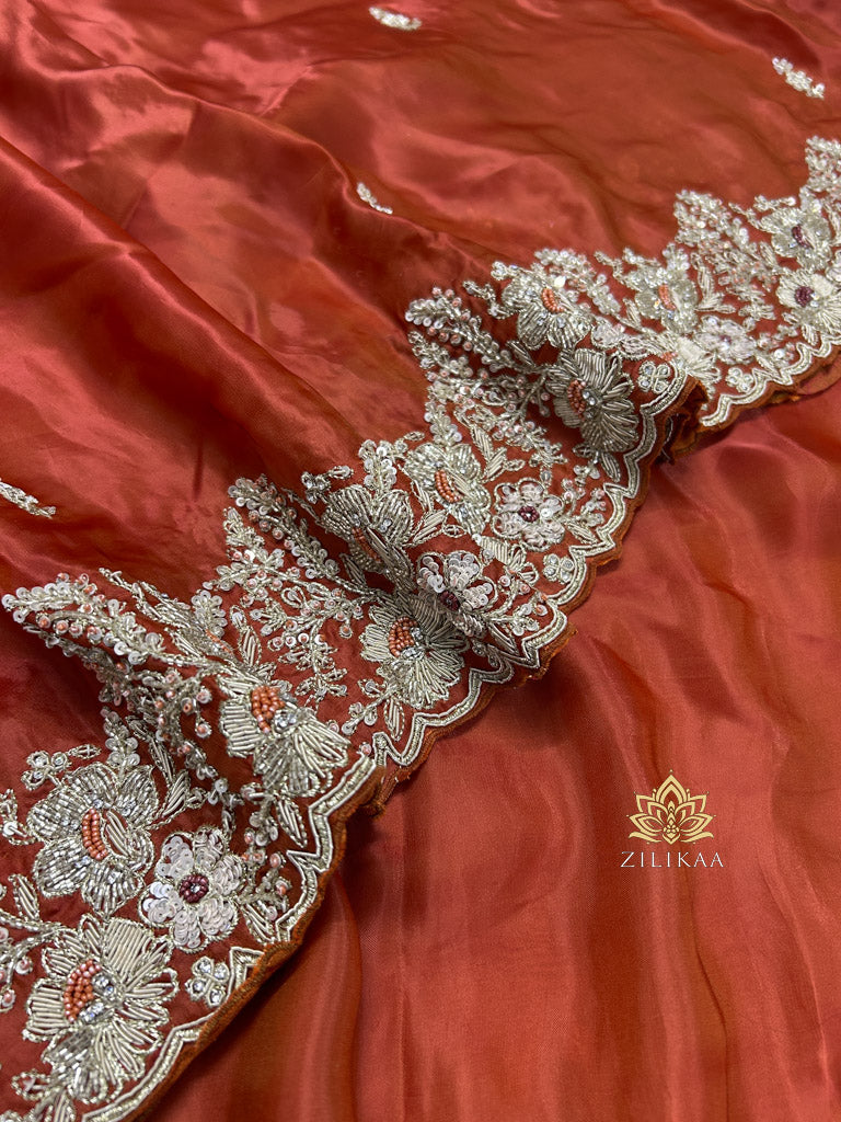 Rust Orange Mulberry Silk Saree With Zardozi Scalloped Border
