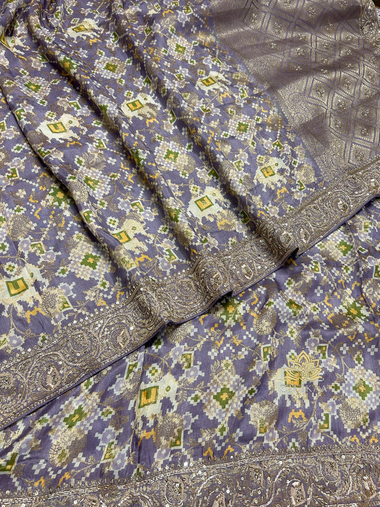 Lavender Zardozi Handwork Patola Designer Munga silk saree