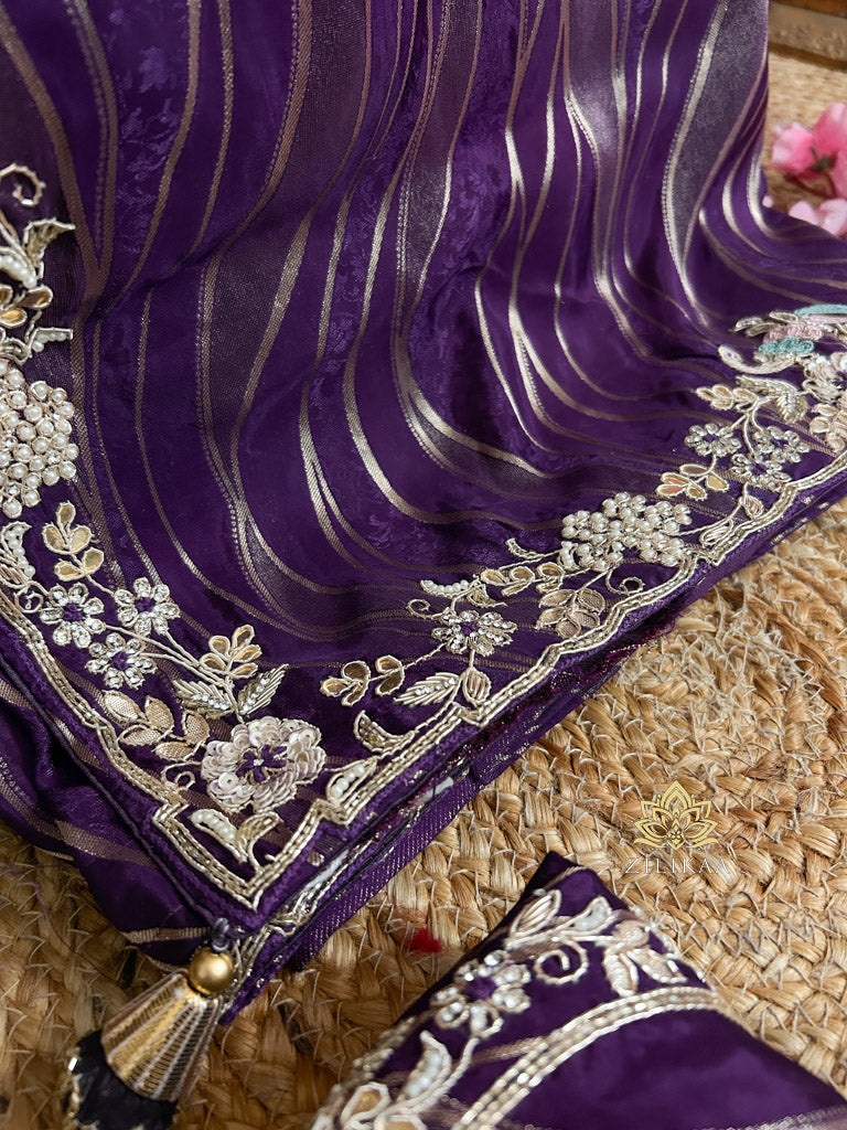 Plum Purple Munga Silk Saree with Zardozi Hand Embriodery