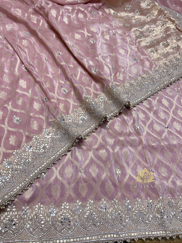 Baby Pink Zardozi Handwork Munga Banarasi SIlk Saree