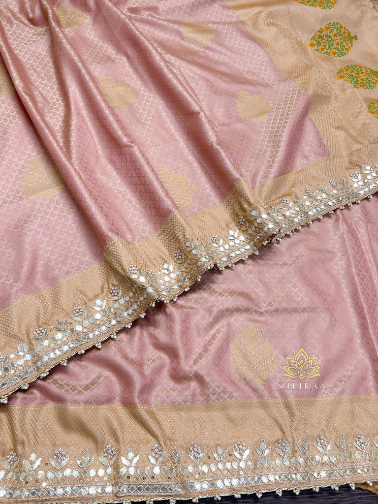 Baby Pink Gotapatti Hand Embroidery Tanchoi Silk Saree