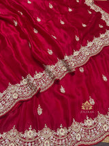 Rose Red Mulberry Silk Saree With Zardozi Scalloped Border