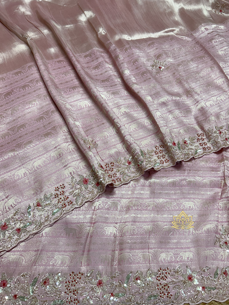 Baby Pink Designer Hand Embroidery Kanchi Tissue Silk Saree