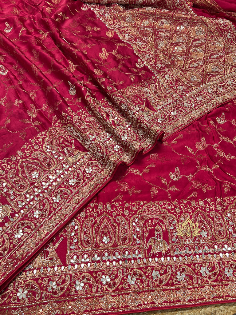 Calcutta Red Zardozi Handwork Mulberry Banarasi Silk Saree
