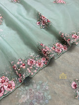 Ocean Green Hand Embroidery Organza Silk Saree