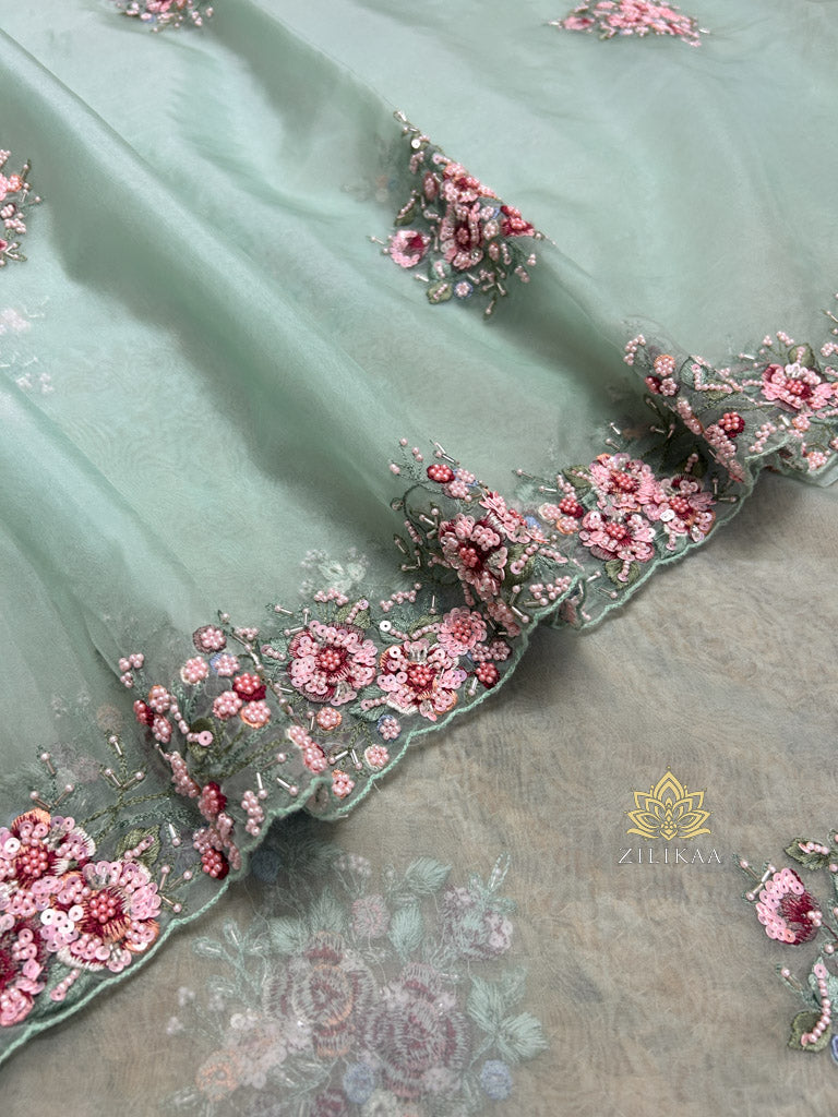 Ocean Green Hand Embroidery Organza Silk Saree