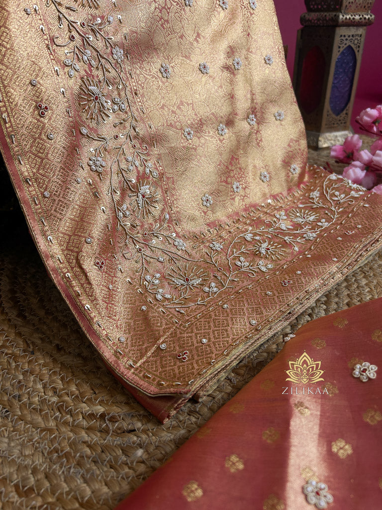 Salmon Pink Kanchipuram Tissue Silk Saree with Zardozi Hand Embroidery
