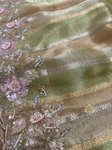Parrot Green Designer Hand Embroidery Rangkat Kanchi Tissue Silk Saree