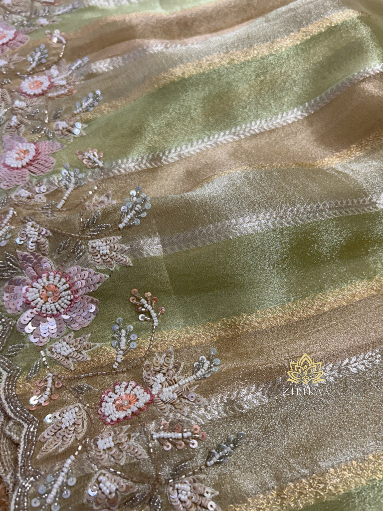 Parrot Green Designer Hand Embroidery Rangkat Kanchi Tissue Silk Saree