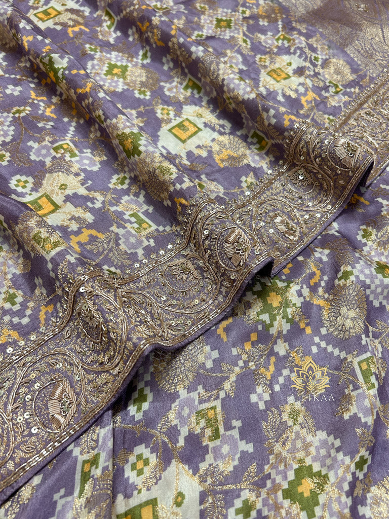 Lavender Zardozi Handwork Patola Designer Munga silk saree