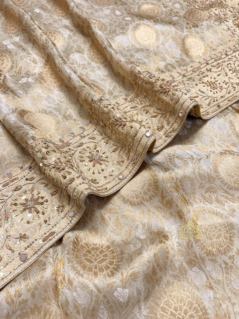 Ivory White Self Woven Kanchi Silk Saree with Zardozi Hand Embroidery