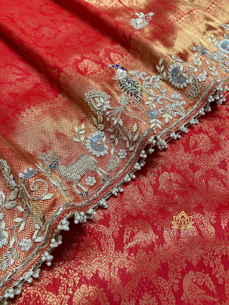 Bride Special Zardozi Hand Embroidery Kanchipuram Silk Saree
