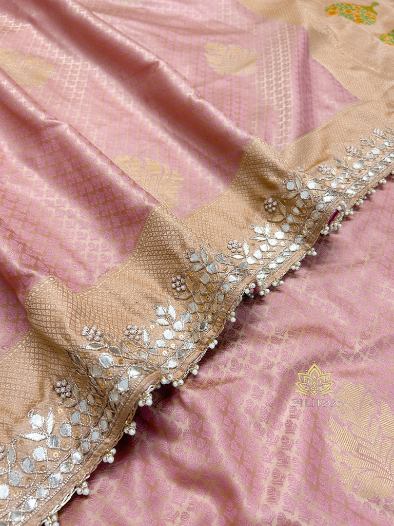 Baby Pink Gotapatti Hand Embroidery Tanchoi Silk Saree