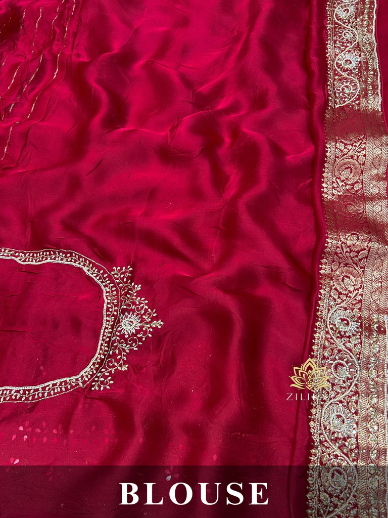 Calcutta Red Zardozi Handwork Mulberry Banarasi Silk Saree