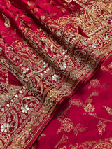 Calcutta Red Zardozi Handwork Mulberry Banarasi Silk Saree