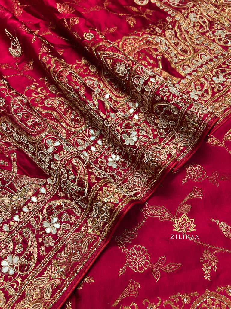 Calcutta Red Zardozi Handwork Mulberry Banarasi Silk Saree
