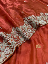 Rust Orange Mulberry Silk Saree With Zardozi Scalloped Border