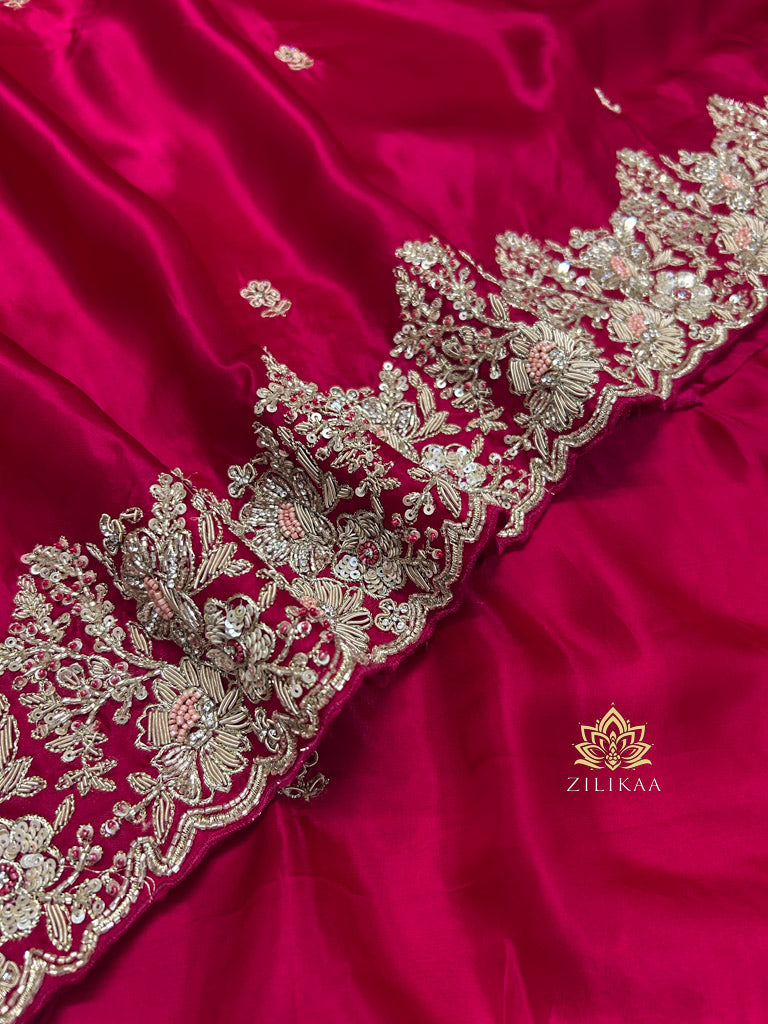 Queen Pink Mulberry Silk Saree With Zardozi Scalloped Border
