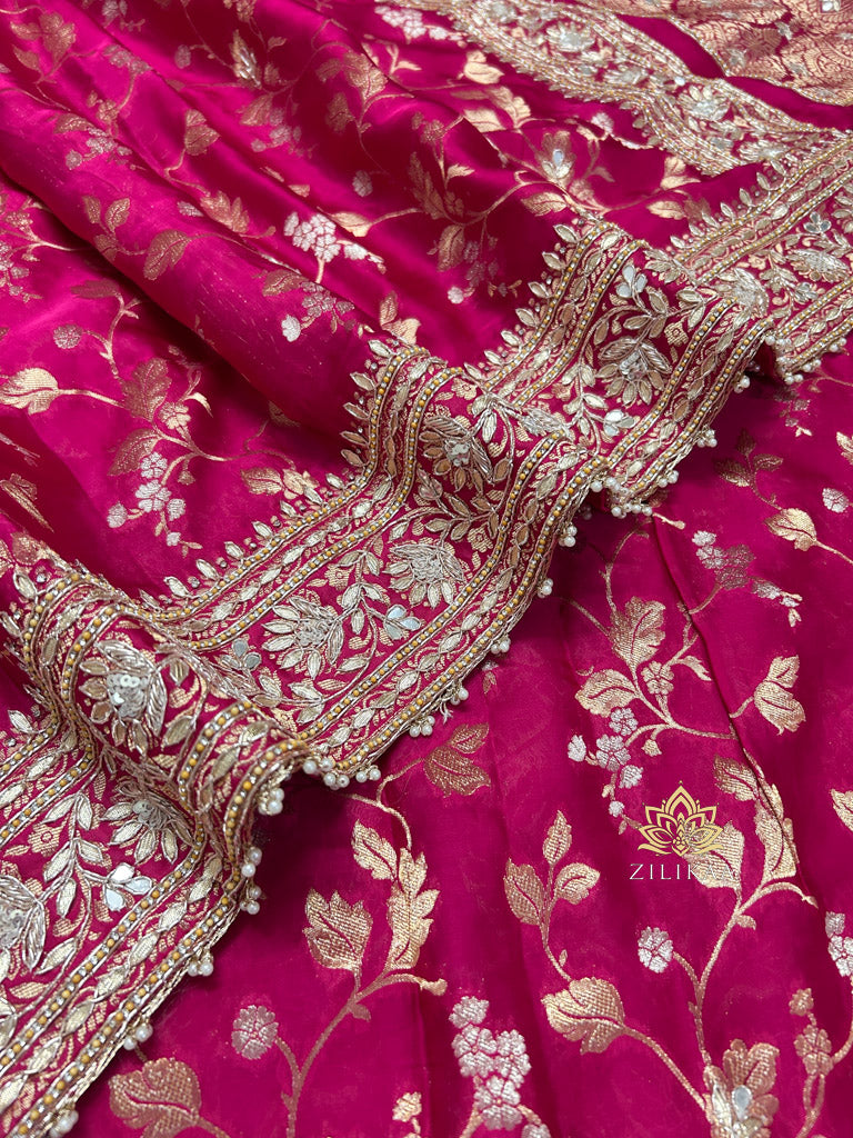 Queen Pink Zardozi Handwork Mulberry Banarasi Silk Saree