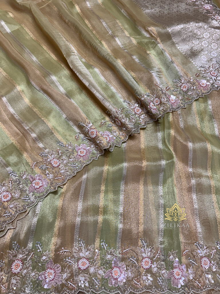 Parrot Green Designer Hand Embroidery Rangkat Kanchi Tissue Silk Saree