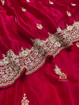 Rose Red Mulberry Silk Saree With Zardozi Scalloped Border