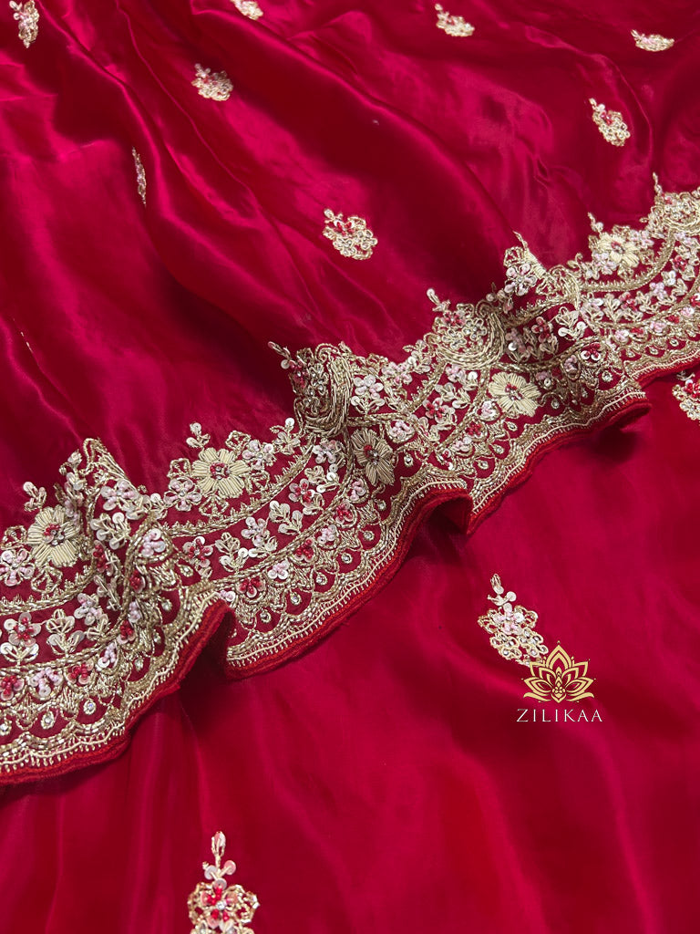 Rose Red Mulberry Silk Saree With Zardozi Scalloped Border