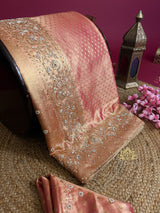 Salmon Pink Kanchipuram Tissue Silk Saree with Zardozi Hand Embroidery