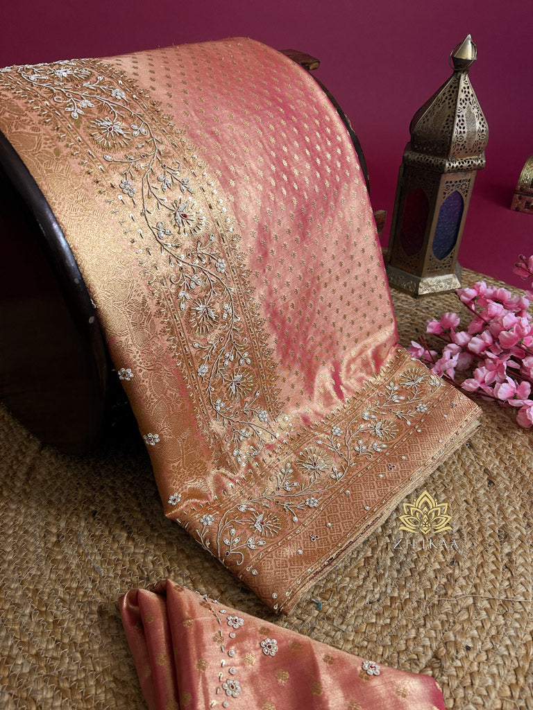 Salmon Pink Kanchipuram Tissue Silk Saree with Zardozi Hand Embroidery