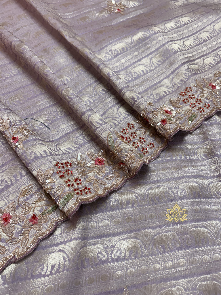Lilac Purple Designer Hand Embroidery Kanchi Tissue Silk Saree