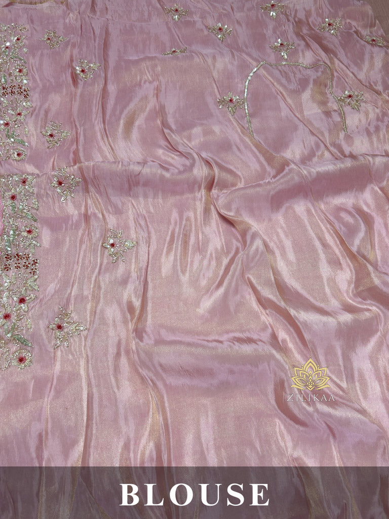 Baby Pink Designer Hand Embroidery Kanchi Tissue Silk Saree