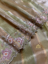 Parrot Green Designer Hand Embroidery Rangkat Kanchi Tissue Silk Saree