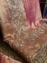 Salmon Pink Kanchipuram Tissue Silk Saree with Zardozi Hand Embroidery