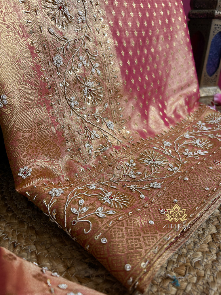 Salmon Pink Kanchipuram Tissue Silk Saree with Zardozi Hand Embroidery